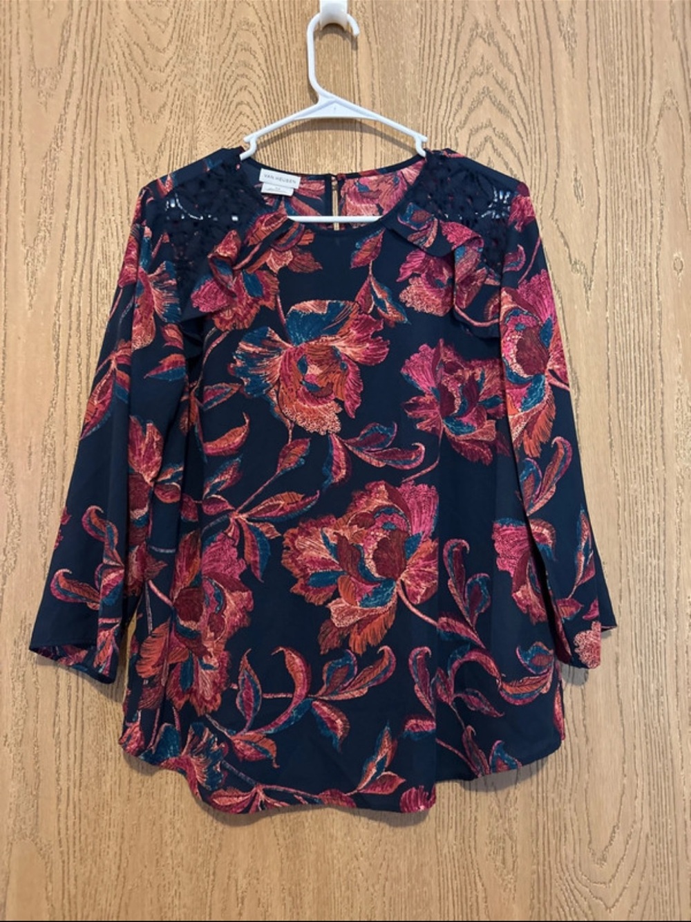 Van Heusen Navy Floral Lace-Yoke Blouse